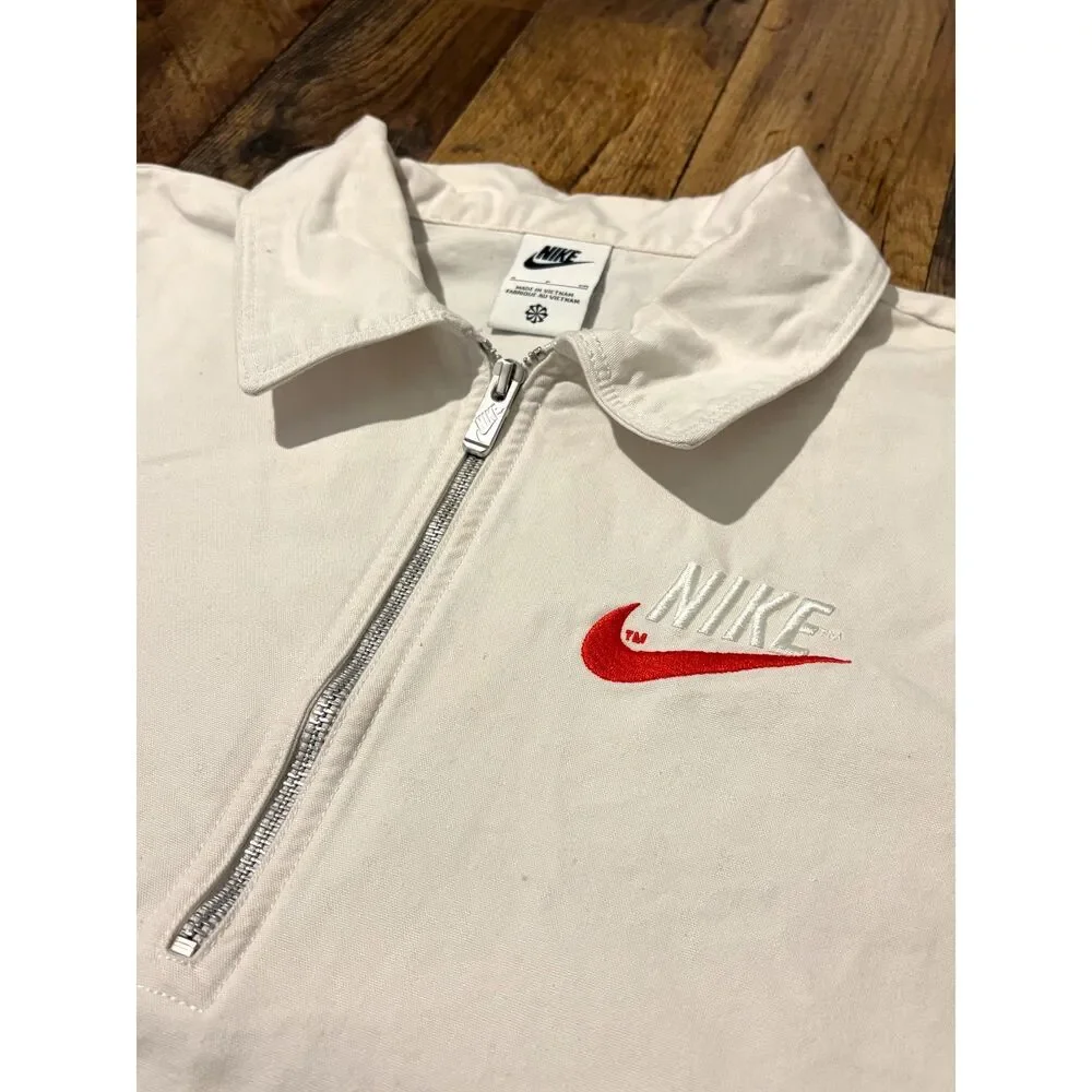 Nike Sportswear Trend Woven Half Zip Polo Shirt Mens L Cream Sail Red Swoosh